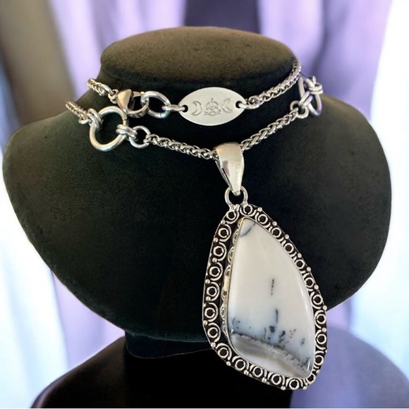 925 sterling silver overlay white grey agate gemstone charm boho stone necklace - Picture 8 of 14